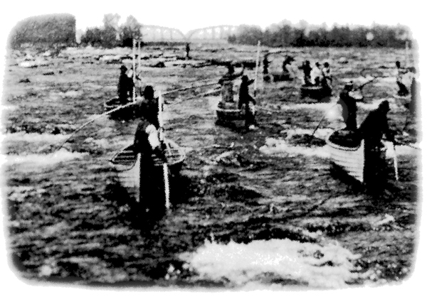 Native American fishers ride the rapids in the St. Mary�s River in this 19th Century photo.